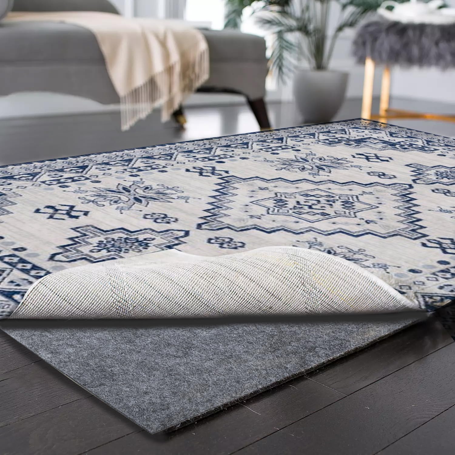 100% Waterproof Rug Pad, 5x7 ft Extra Large Area Rug Non-Slip Carpet Pad, Non-Slip Rug Pads for All Floors and Finishes, Felt Pad for Hardwood Floors, Keeps Carpets in Place Soft and Safe
