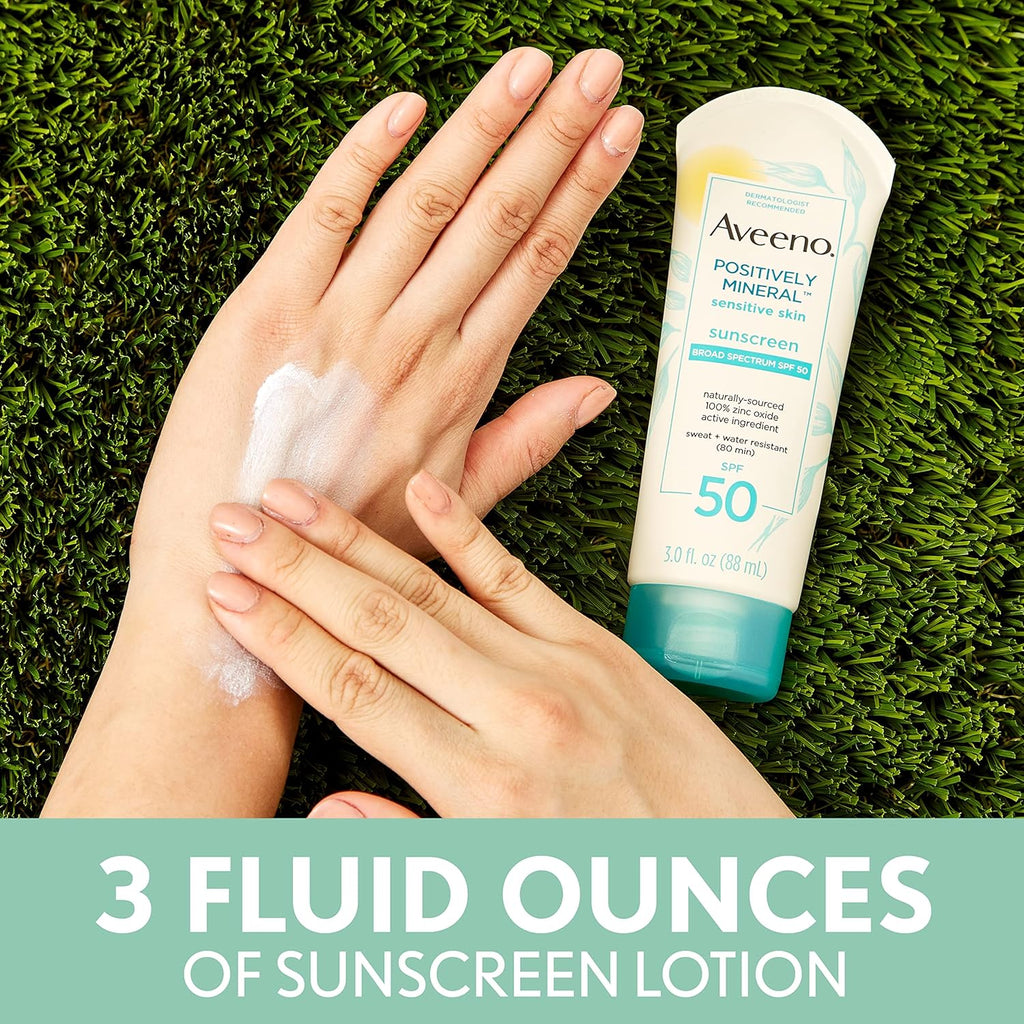 Aveeno Positively Mineral Sensitive Skin Sunscreen Lotion SPF 50, Unscented, 3 Fl Oz O90324