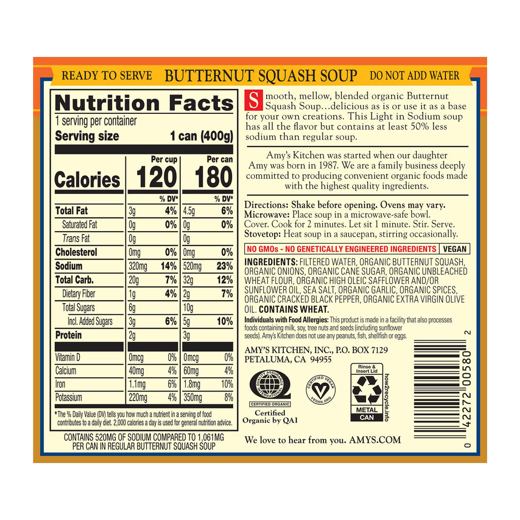 Amy's Organic Vegan Butternut Squash Soup, Light in Sodium, 14.1 oz (Pack of 12) I2663