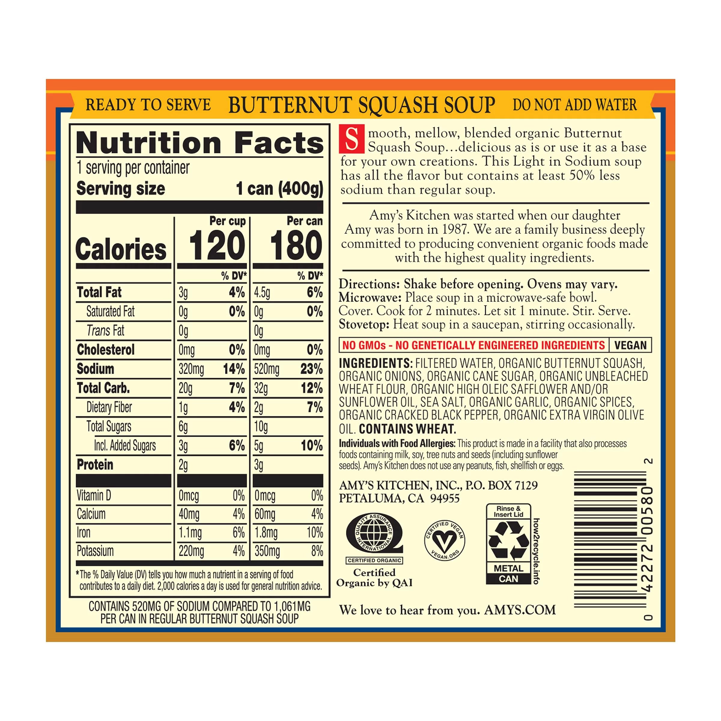 Amy's Organic Vegan Butternut Squash Soup, Light in Sodium, 14.1 oz (Pack of 12) I2663