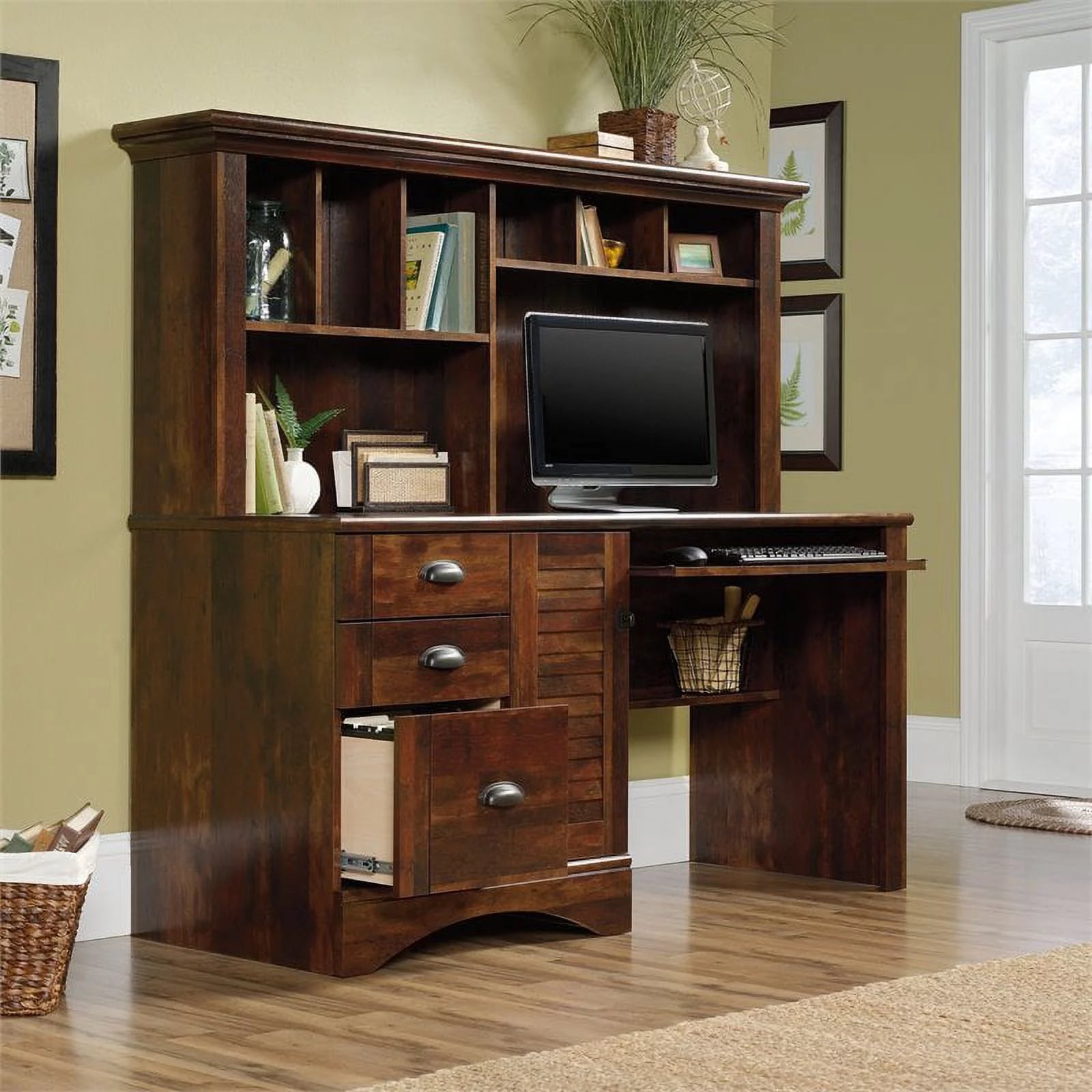 Pemberly Row Computer Desk with Hutch, Curado Cherry J48760