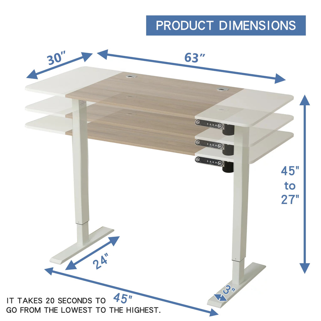 Electric Height Adjustable Standing Desk 63x30 Inches White Oak I983051