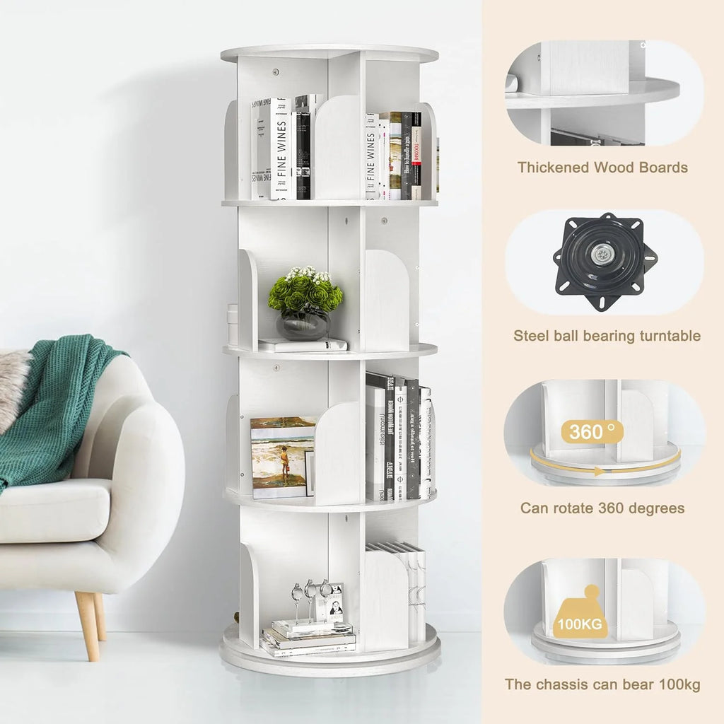 Rotating Bookshelf 4 Tier for Small Space, White H243684