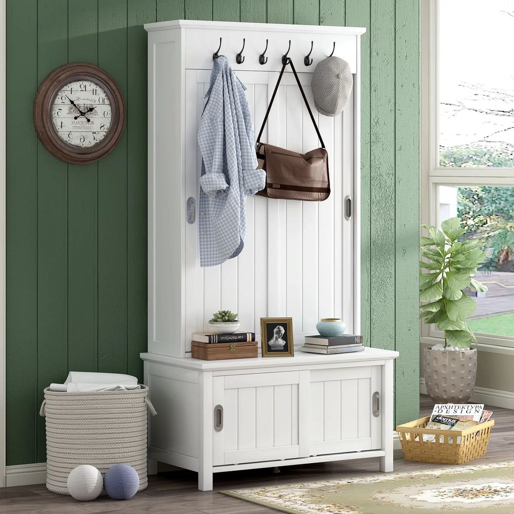 CoSoTower Hall Tree with Sliding Doors and Storage Bench, White H76310