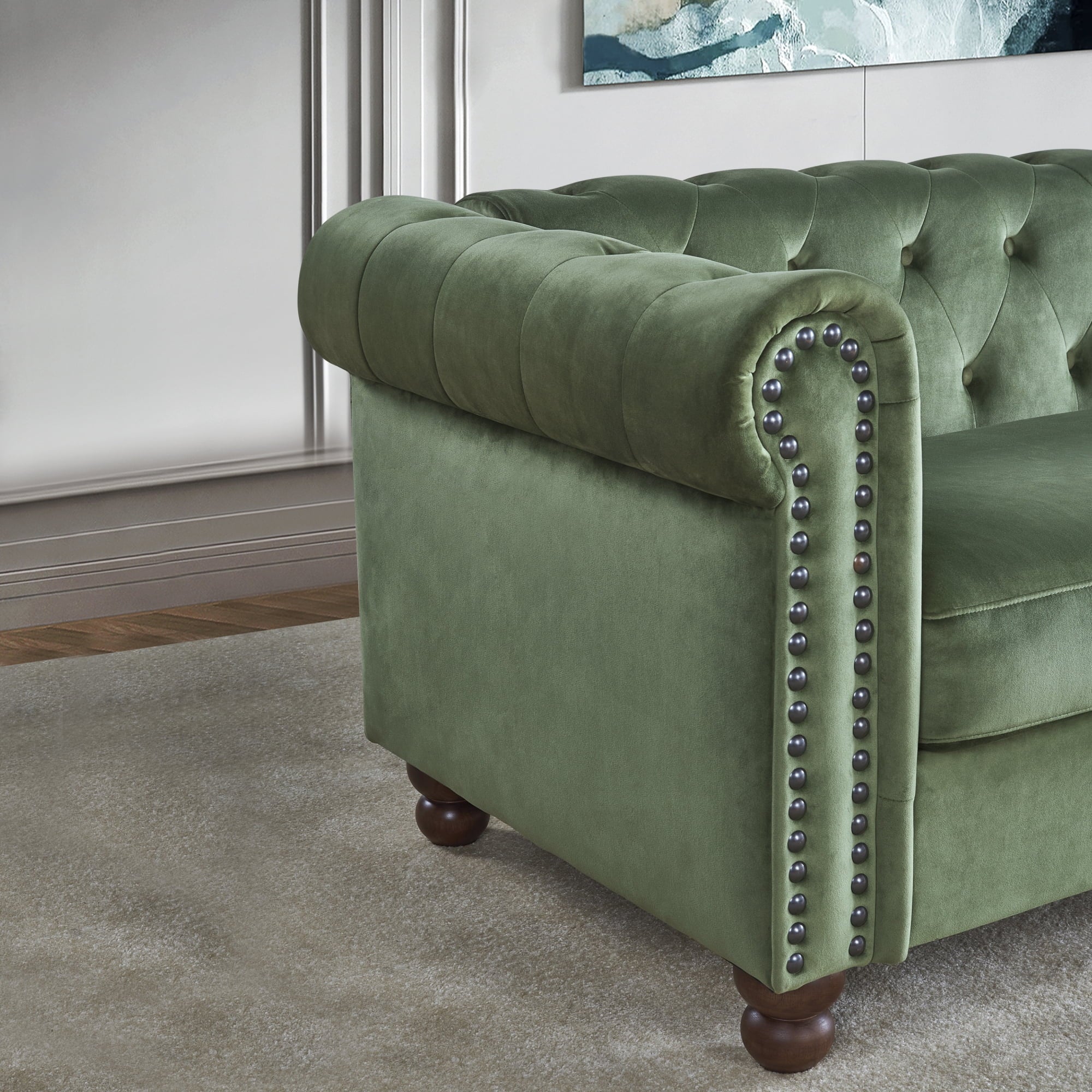 Classic Traditional Upholstered Sofa with High-Tech Fabric, Large Green Q8173
