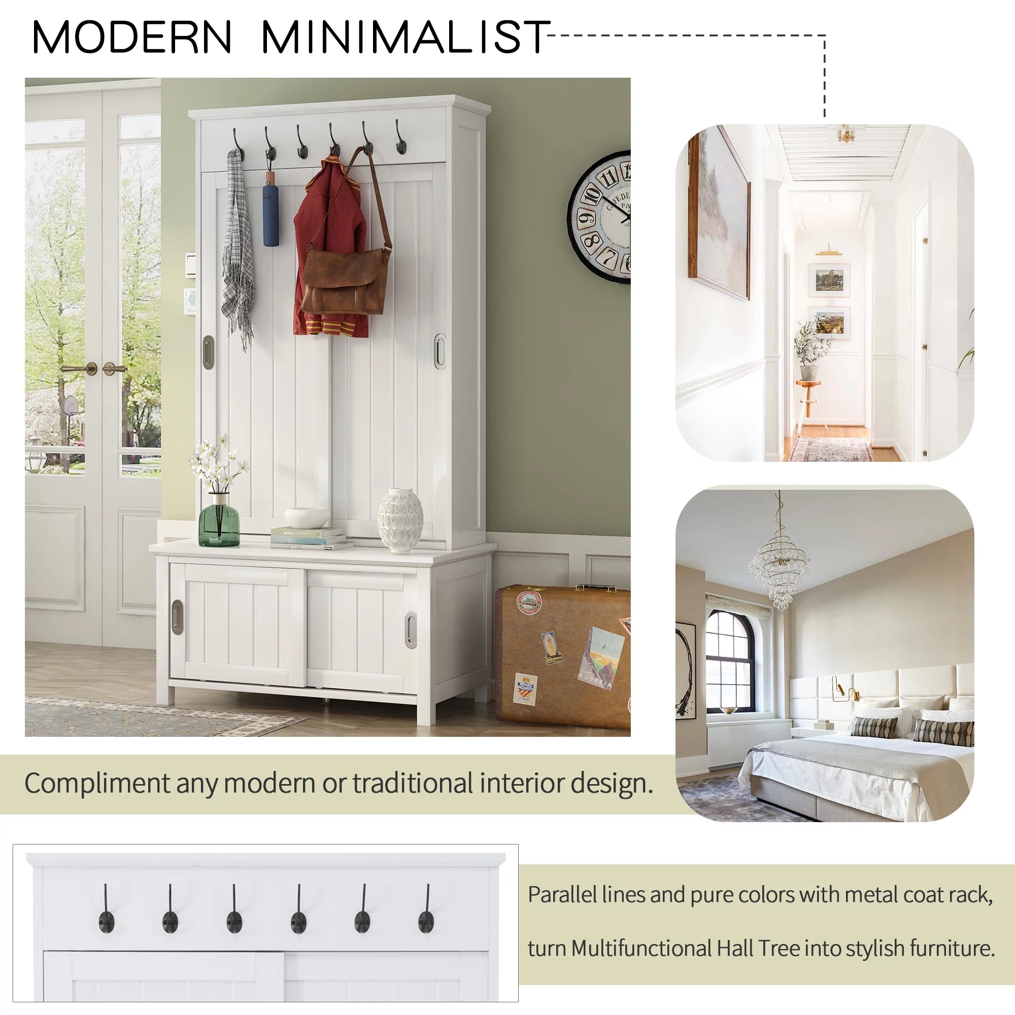 CoSoTower Hall Tree with Sliding Doors and Storage Bench, White H76310