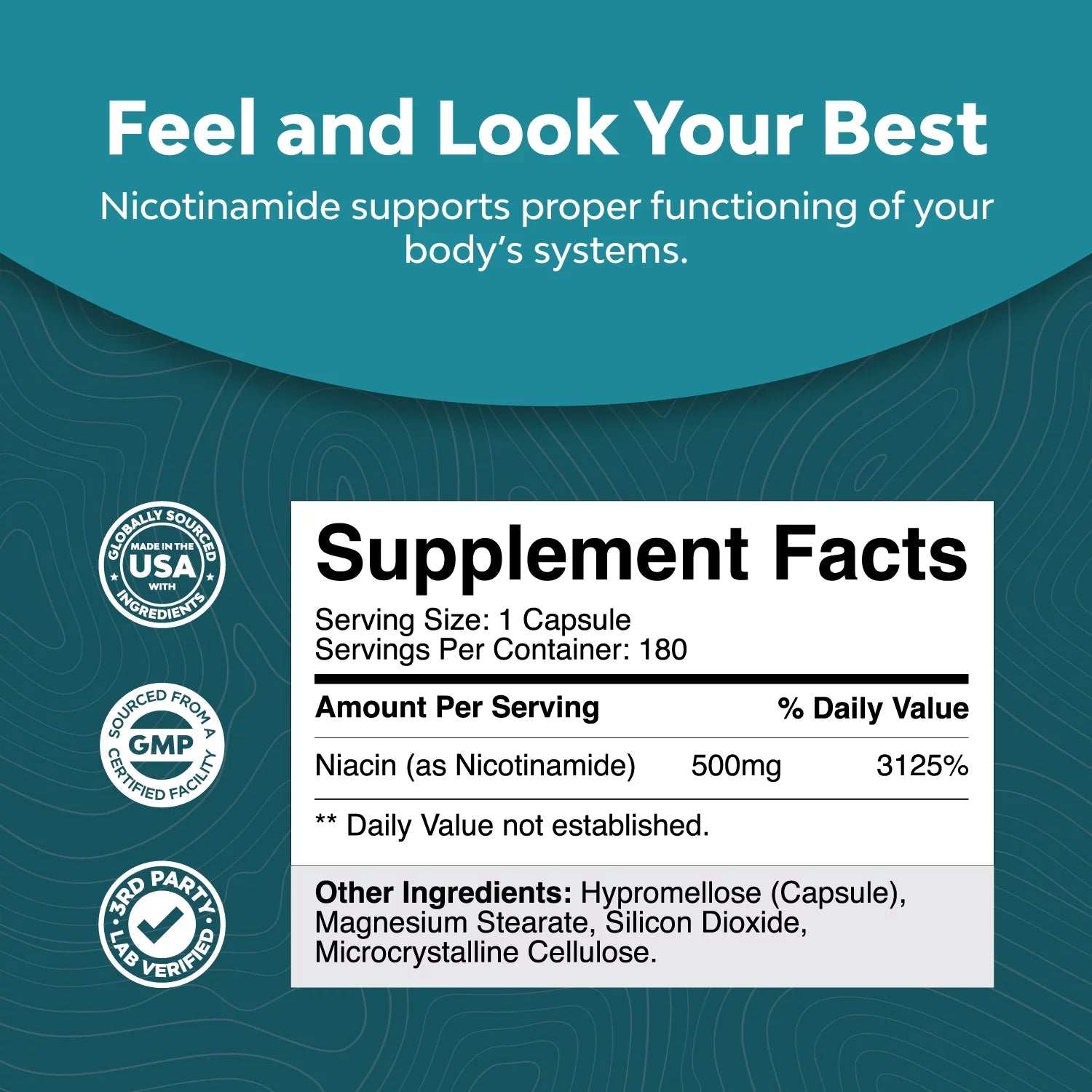 Niacinamide 500mg Capsules - Flush Free Vitamin B3 Supplement - 180 Count O3151
