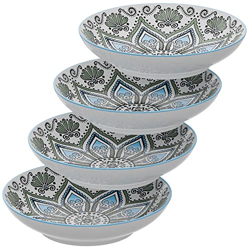American Atelier Pasta Bowls | Set of 4 | Large, 9-inch, Dinner Serving Plates | Wide and Shallow Bowls Set for Pasta, Salad, Soup, Spaghetti, Stews, or Cereal | Blue & Yellow Medallion Motif