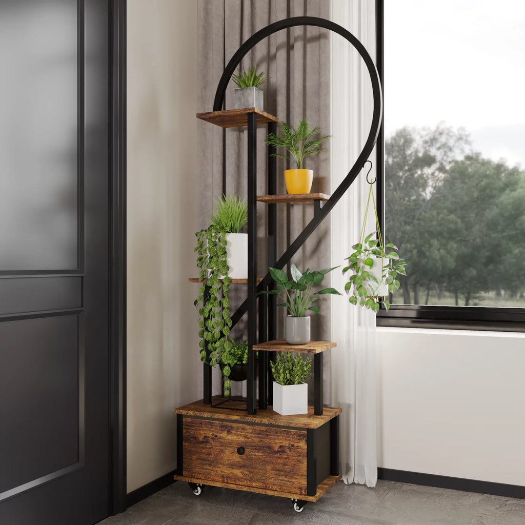Walsport 6 Tier Heart-Shape Plant Stand with Drawer and Rollers, Metal and Wood, 2 Pack A756333