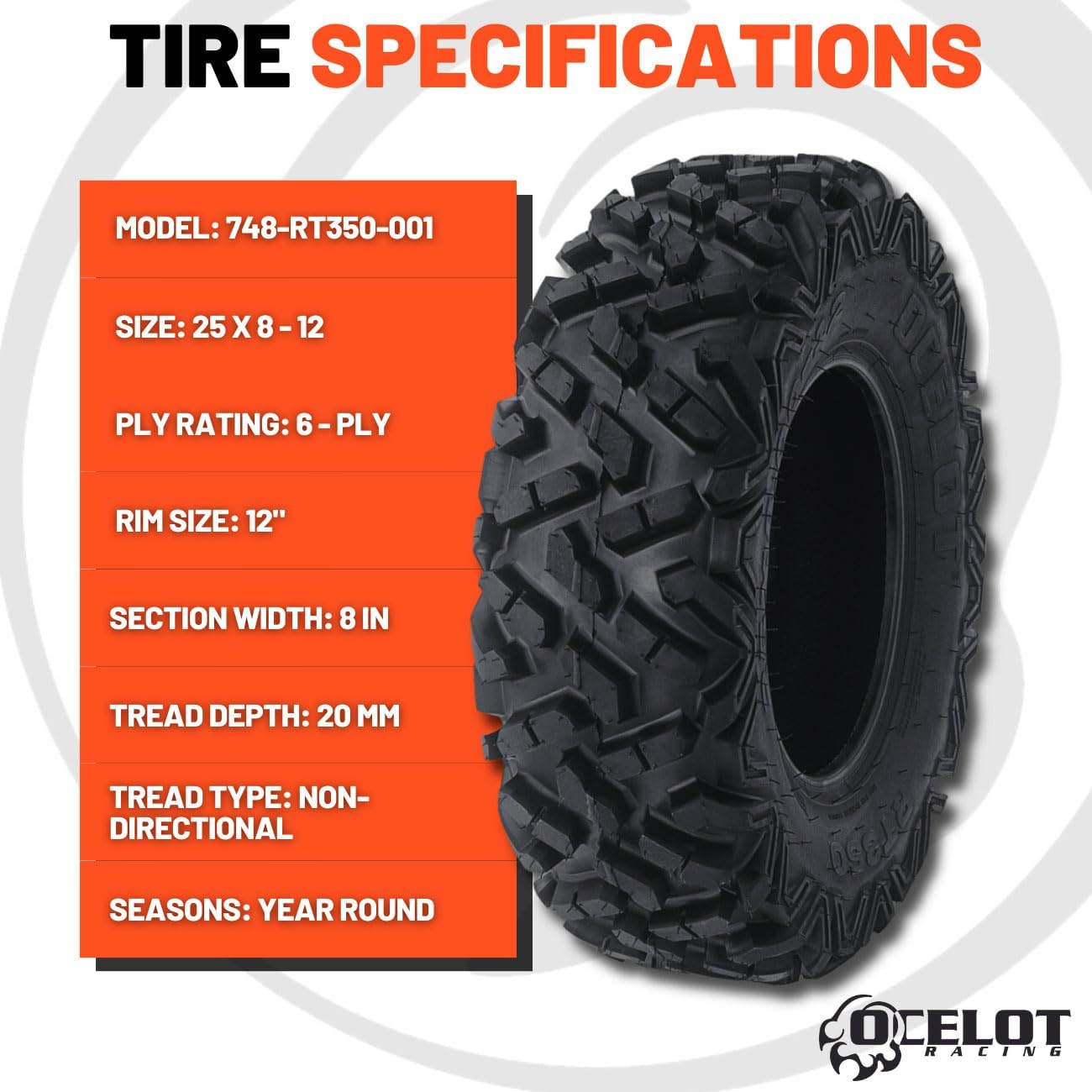 Ocelot RT350 25x8x12 UTV Tires All-Terrain 6-Ply S245