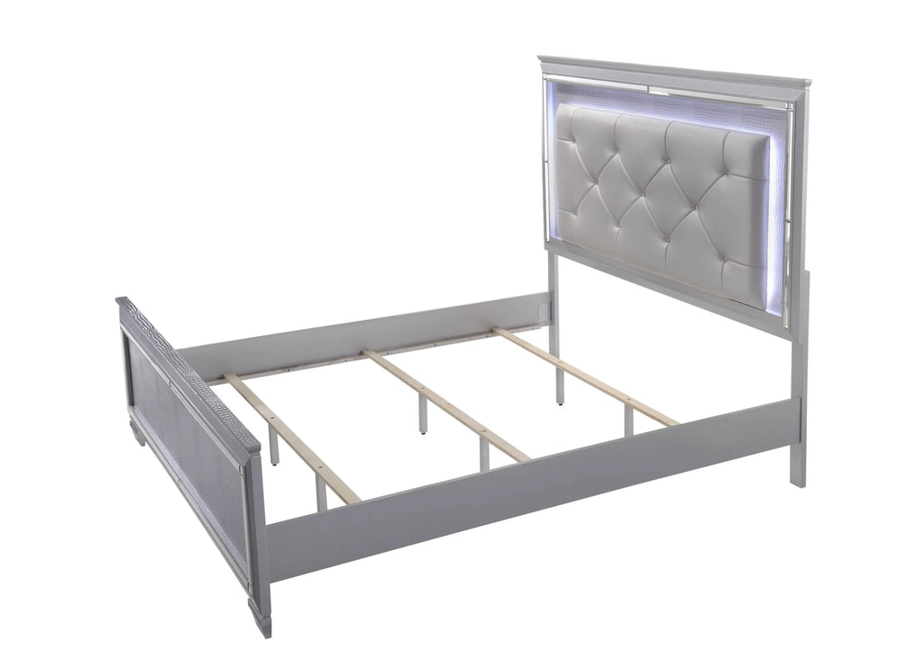 Silver Finish Queen LED Upholstered Headboard Bed E961648