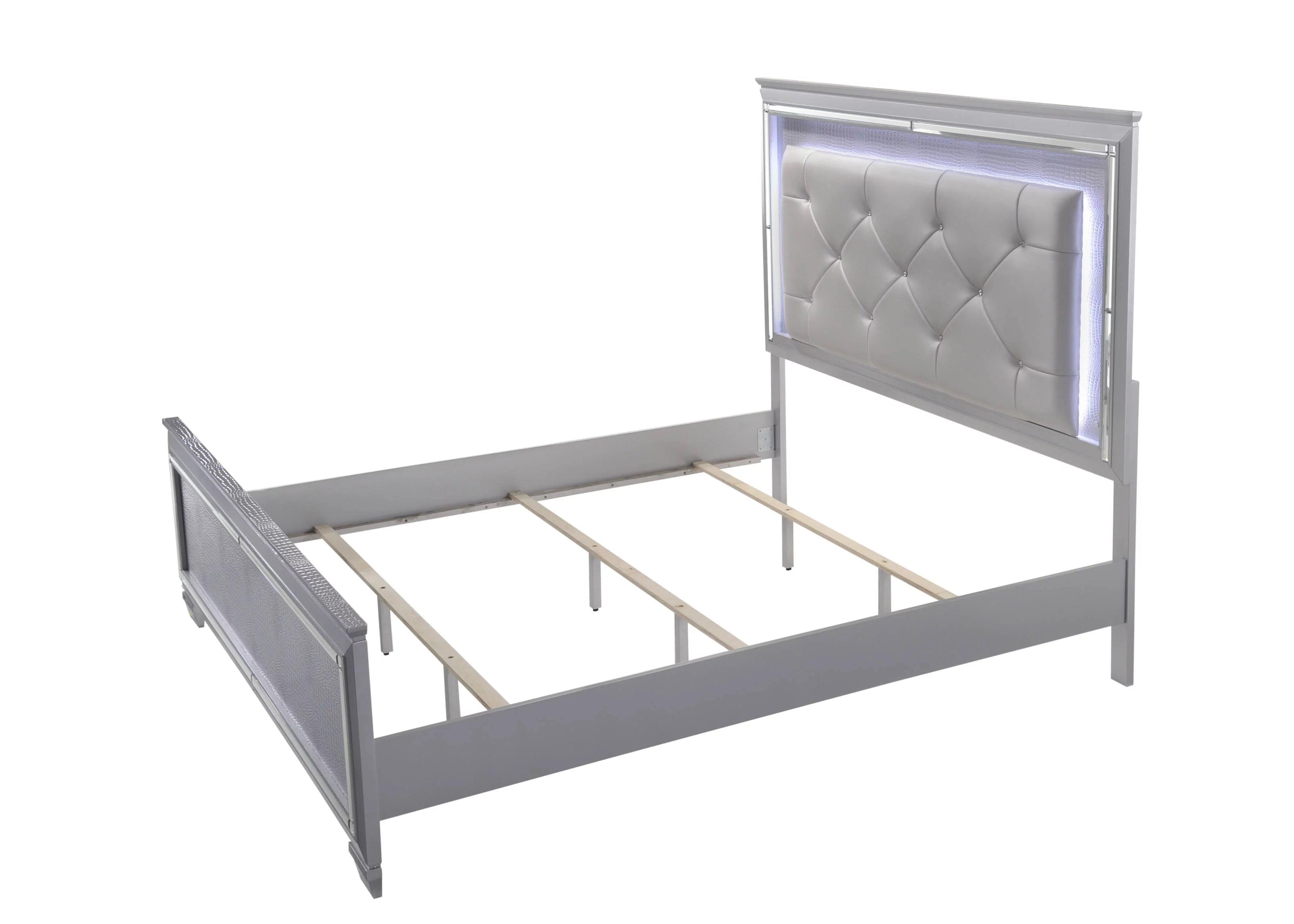 Silver Finish Queen LED Upholstered Headboard Bed E961648