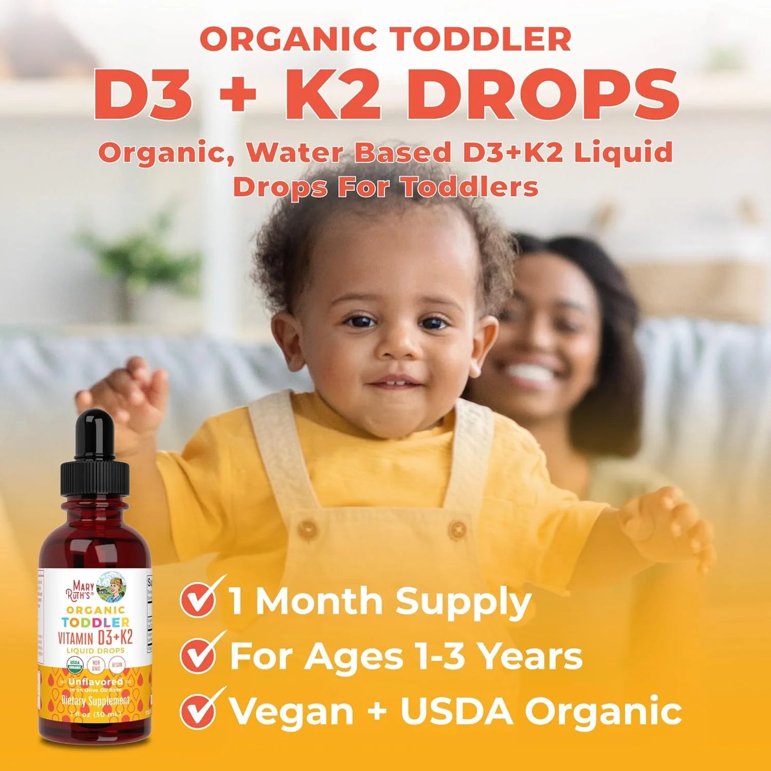 MaryRuth Organics Vitamin D3+K2 Liquid Drops, Unflavored, Vegan, 1 fl oz B498741