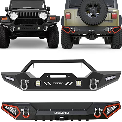OEDRO Front Bumper Compatible for 87-06 Jeep Wrangler TJ & YJ & LJ Rock Crawler Bumper with Winch Plate Mounting & 4X LED Lights & 2X D-Rings Off Road