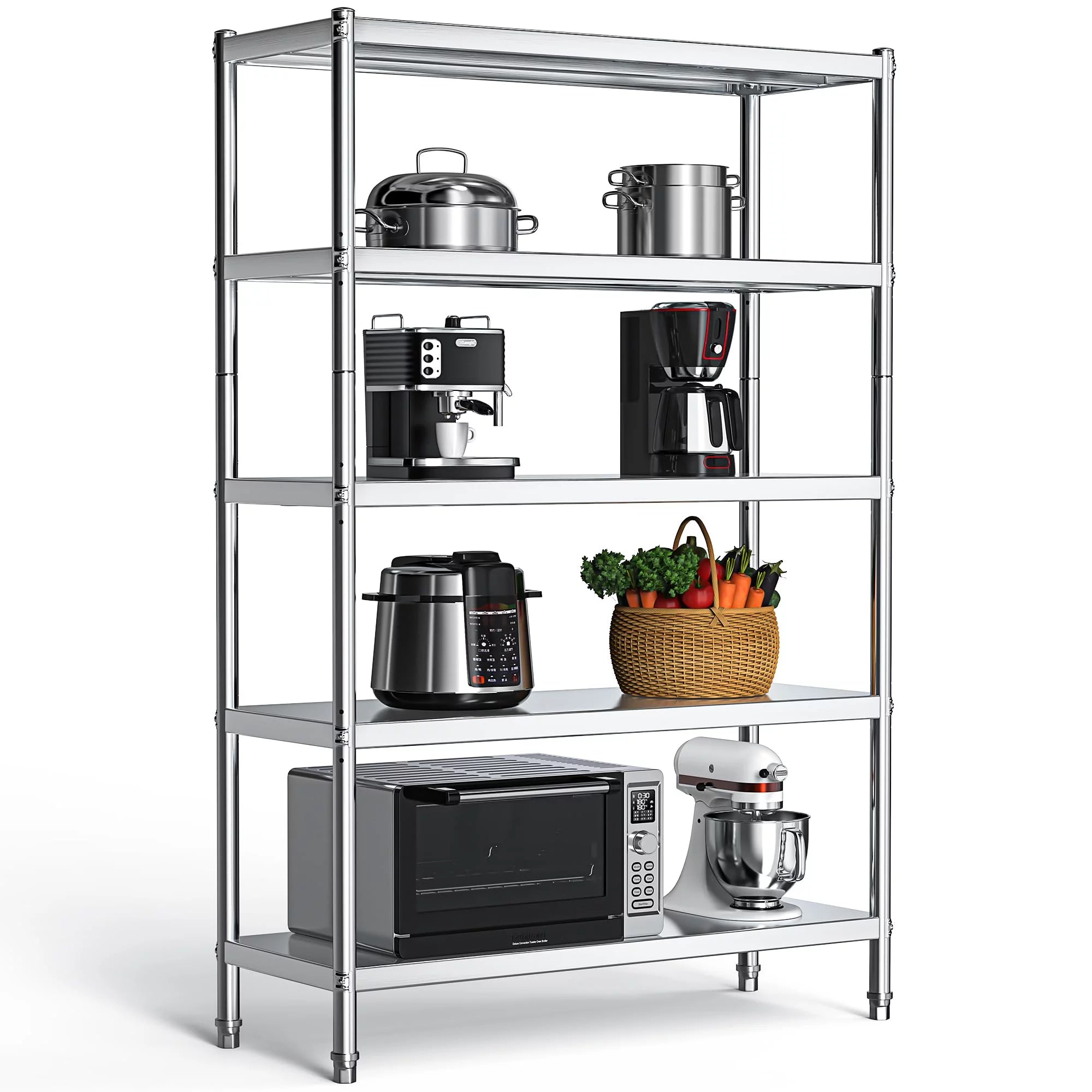 Dextrus Stainless Steel Shelves, 48"*18"*72" 5 Tier Storage Shelf, Heavy Duty Shelving for Kitchen Garage Office Restaurant Warehouse