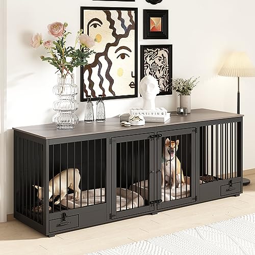 Large Wooden Dog Crate for 2 Dogs with Bowl Drawers, Black Z4354