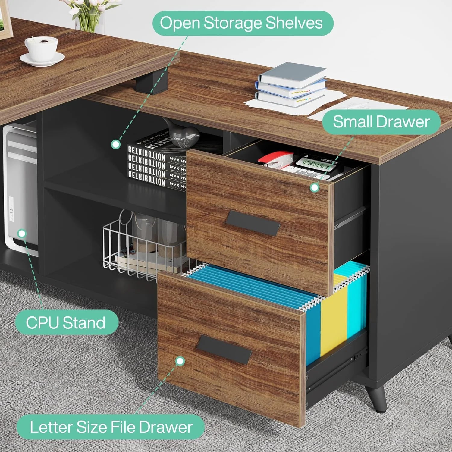 L Shaped Desk with File Drawer, 55 Inch Executive Office Desk T816
