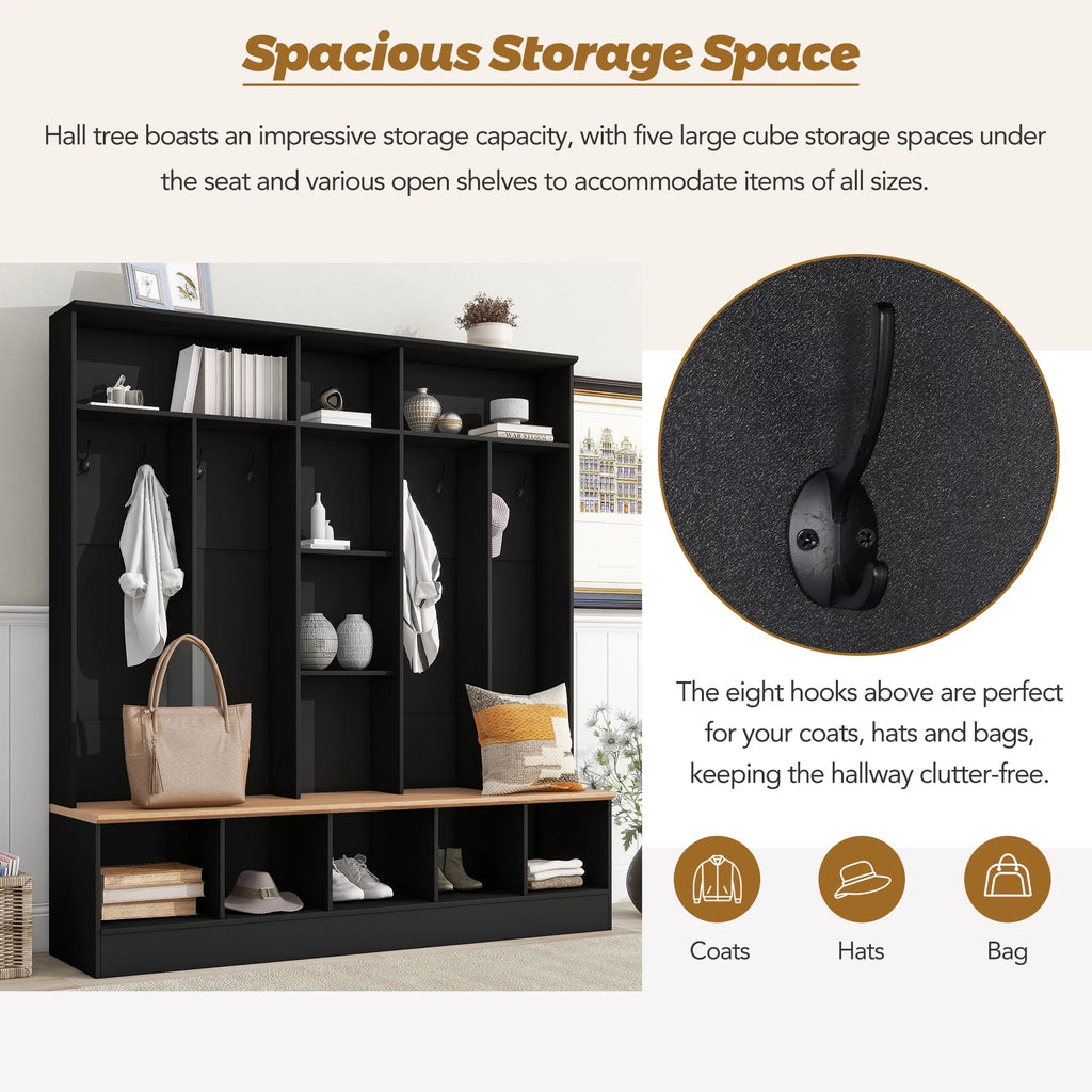 CoSoTower Wide Hall Tree with Storage Bench and 8 Hooks, Black D645414