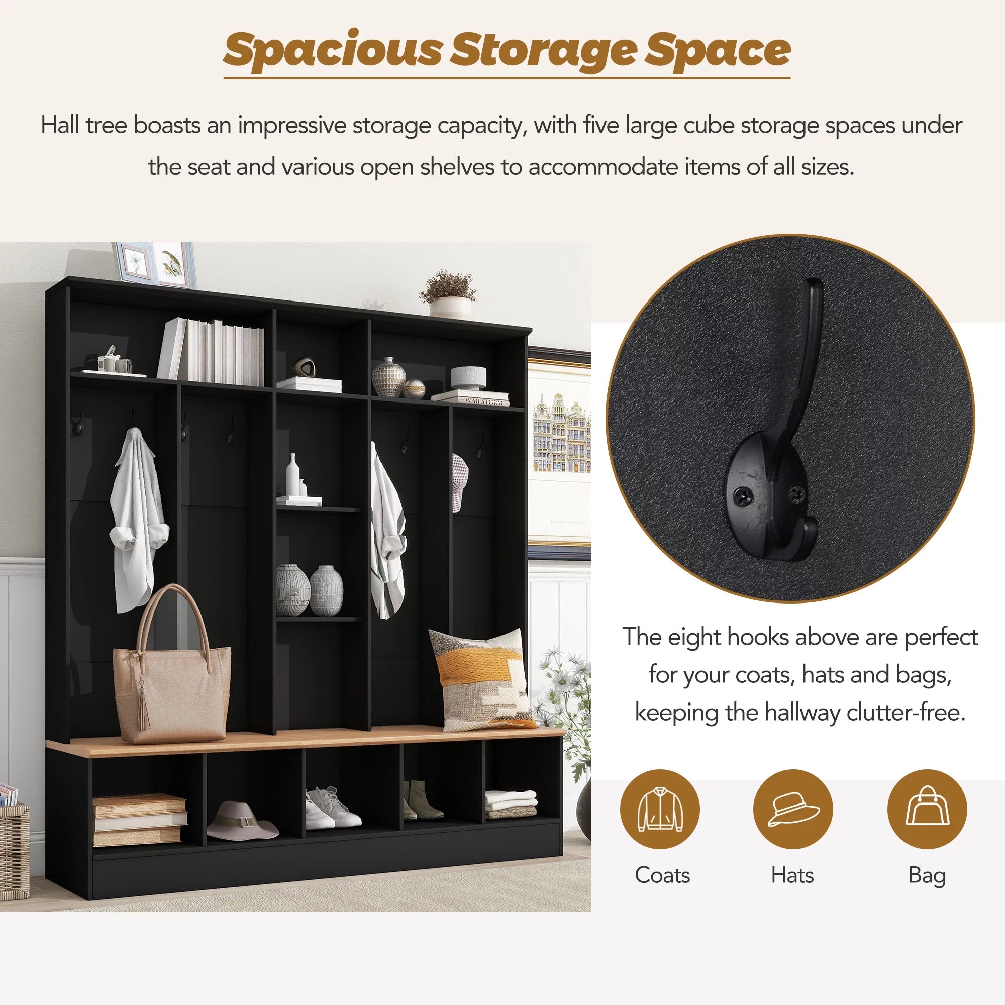 CoSoTower Wide Hall Tree with Storage Bench and 8 Hooks, Black D645414