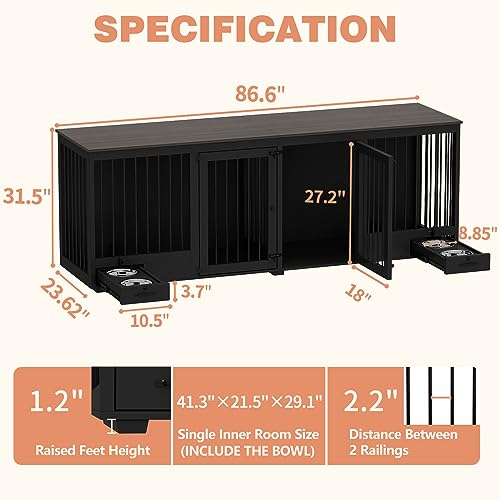 Large Wooden Dog Crate for 2 Dogs with Bowl Drawers, Black Z4354