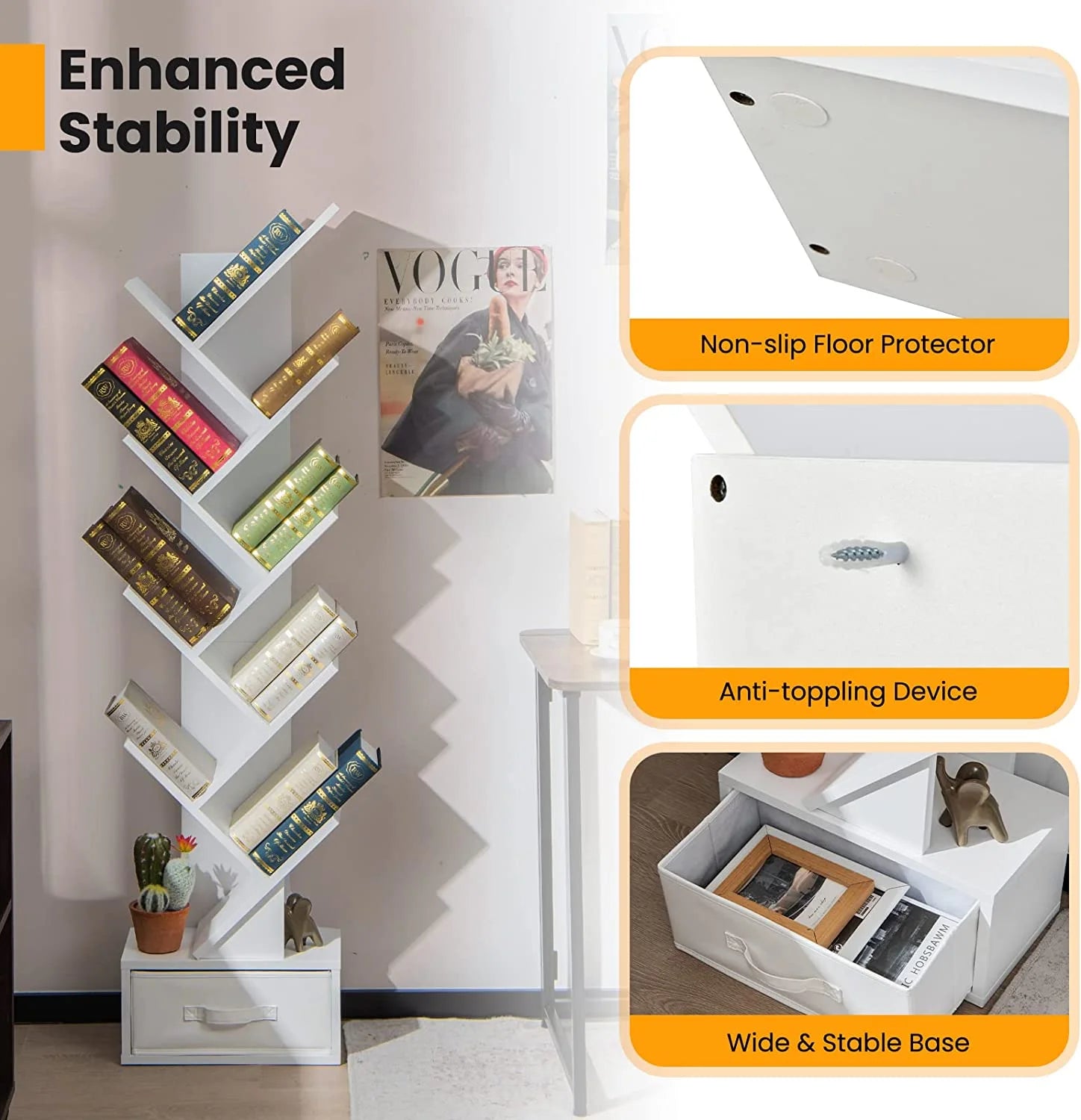 White Wooden Tree Bookshelf with Drawer, 10 Shelves J7898