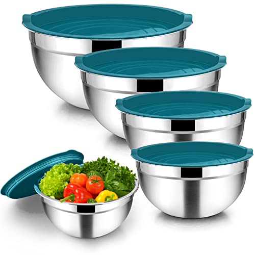 TeamFar Mixing Bowls, 4.5/3/1.5/1/0.7 QT, Stainless Steel Metal Nesting Salad Bowl with Lid Set of 5, Ideal for Prepping Serving, Healthy & Sturdy, Airtight Lid & Easy Clean, Multi-Color