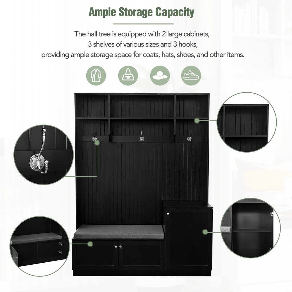 Churanty 4-in-1 Hall Tree with Bench, Shoe Storage and Coat Rack, Black N313634