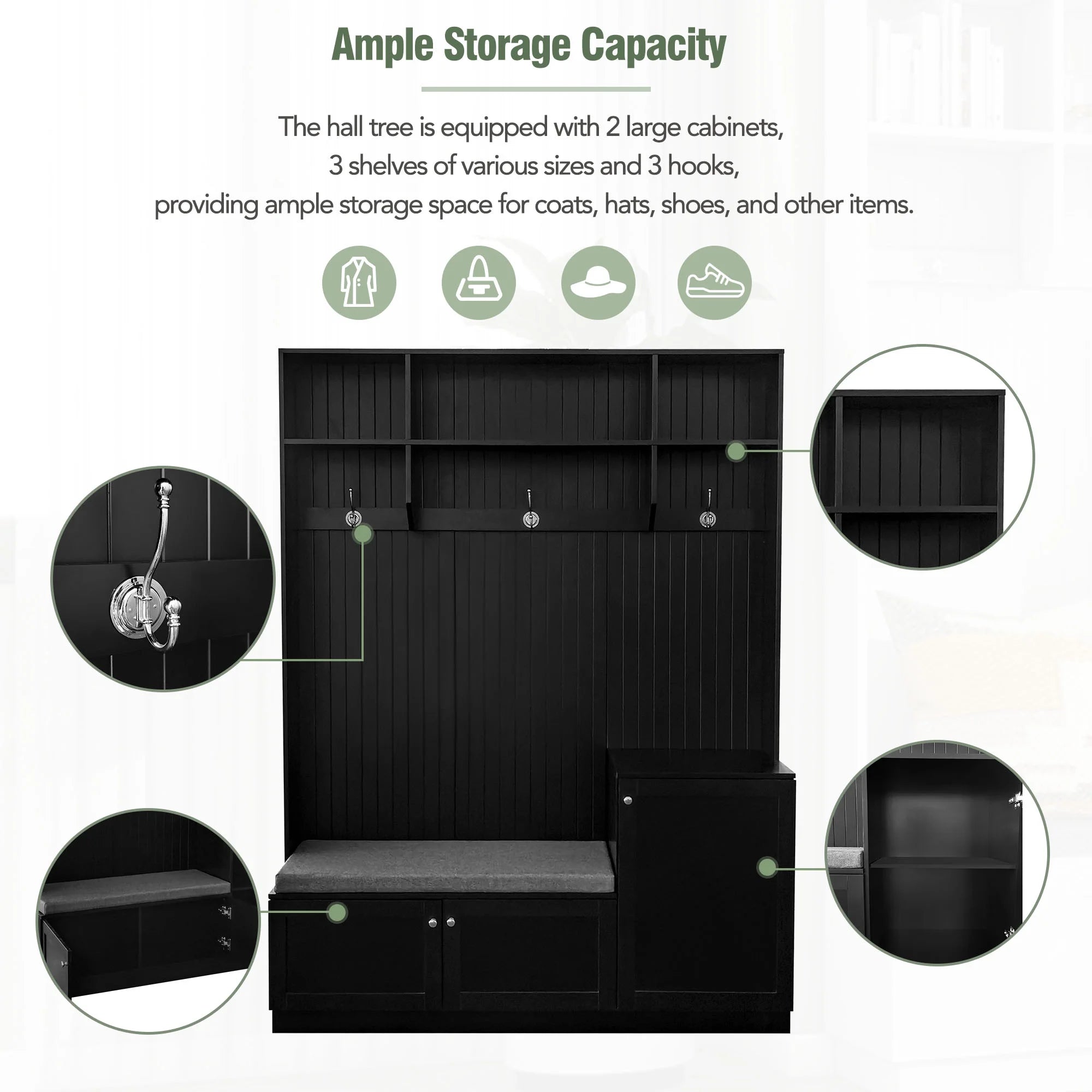 Churanty 4-in-1 Hall Tree with Bench, Shoe Storage and Coat Rack, Black N313634