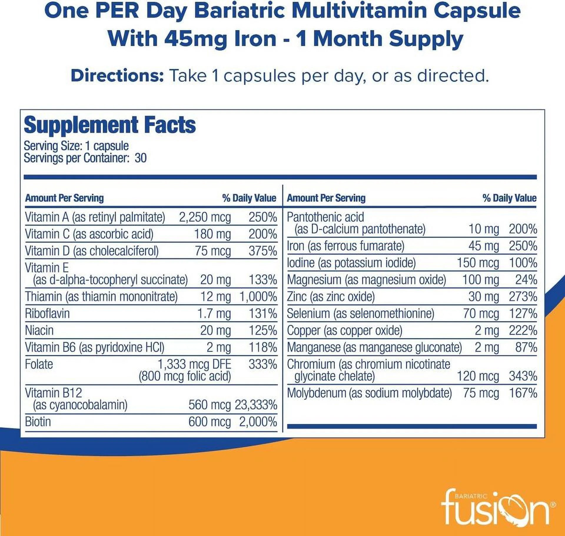 Bariatric Fusion Multivitamin One per Day with Iron, 30 Capsules H406508