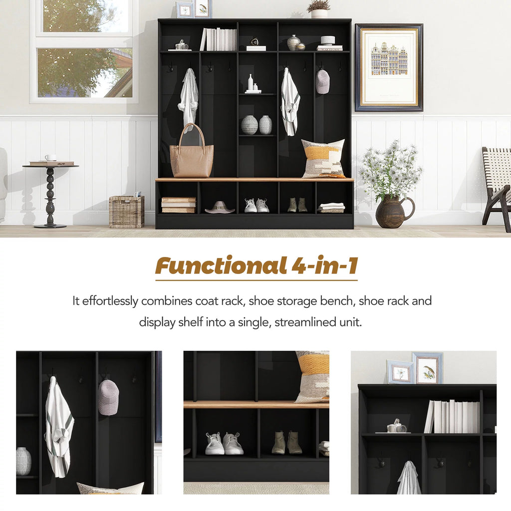 CoSoTower Wide Hall Tree with Storage Bench and 8 Hooks, Black D645414