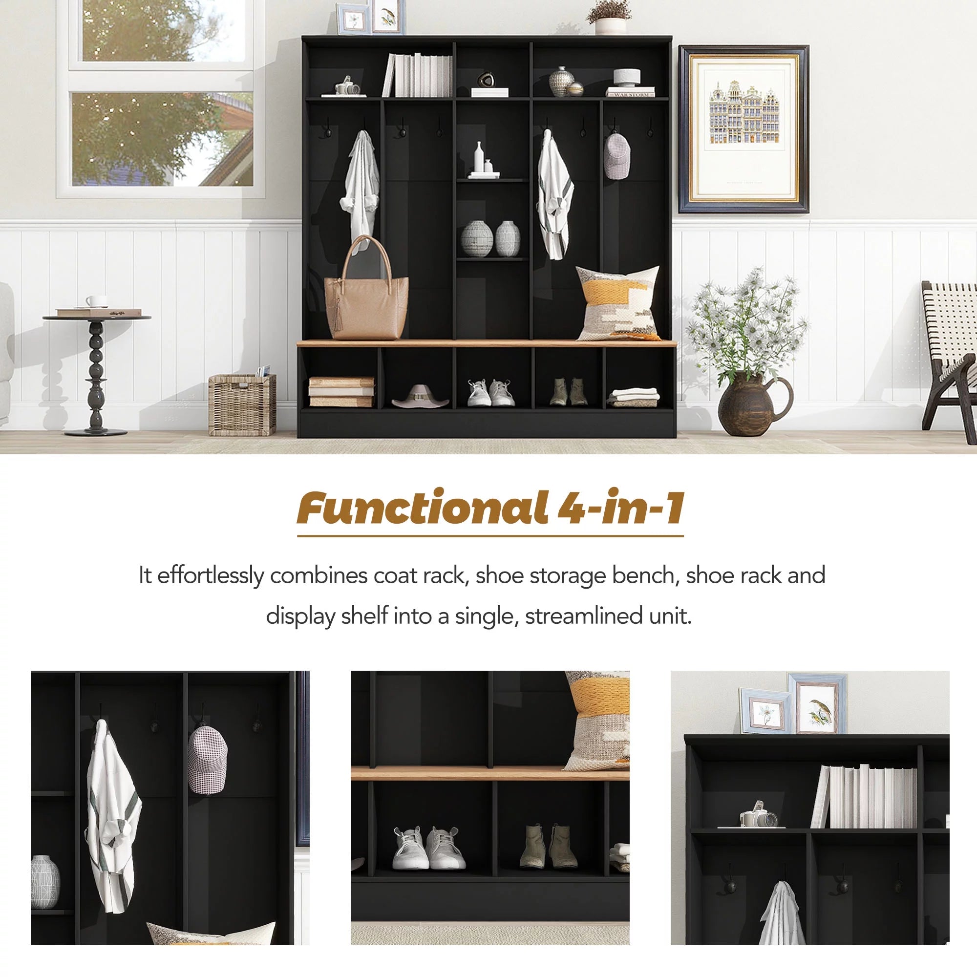 CoSoTower Wide Hall Tree with Storage Bench and 8 Hooks, Black D645414