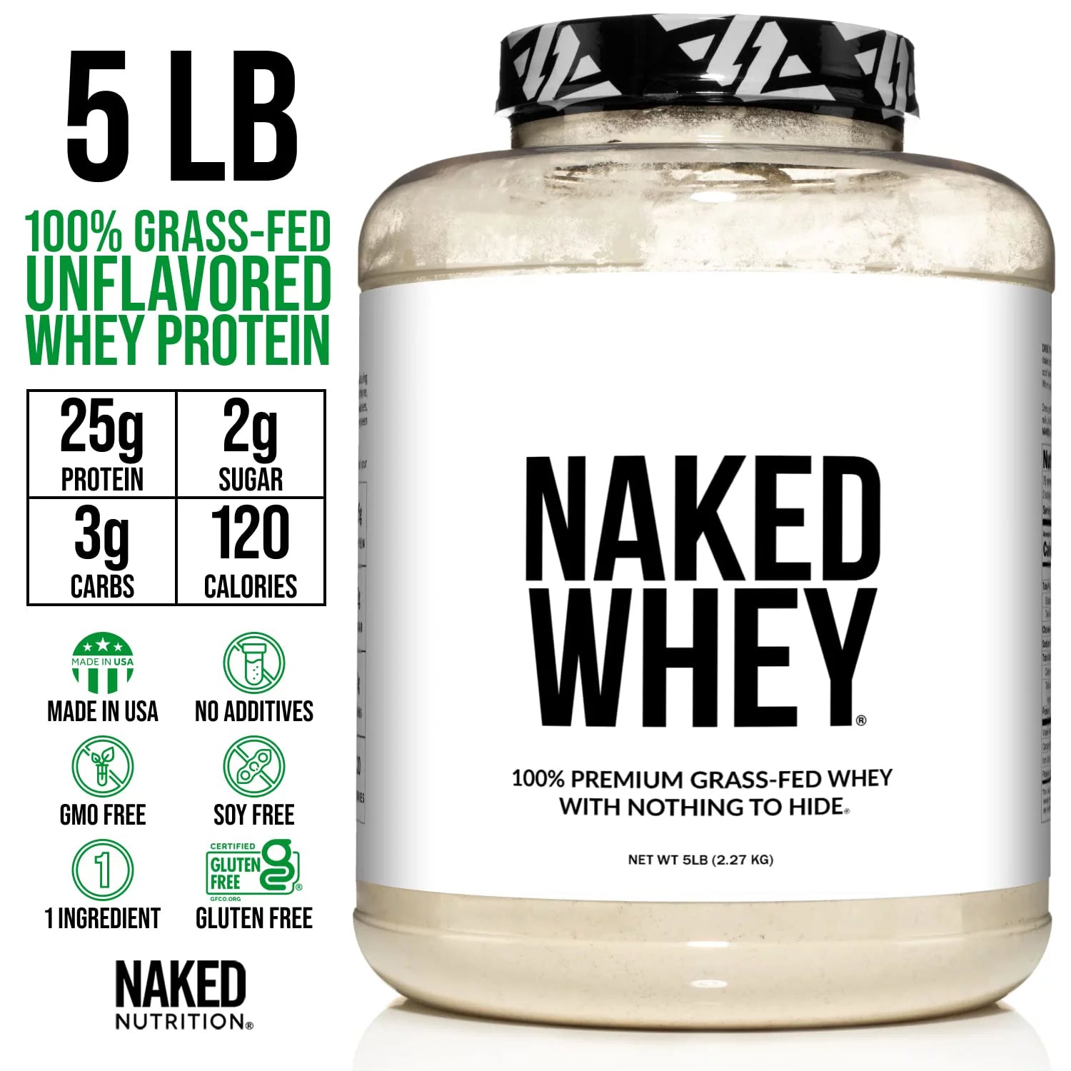 Naked WHEY 5LB Unflavored Whey Protein Powder, 100% Grass Fed, 1 Ingredient J97515
