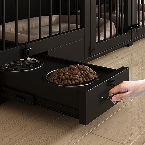 Large Wooden Dog Crate for 2 Dogs with Bowl Drawers, Black Z4354